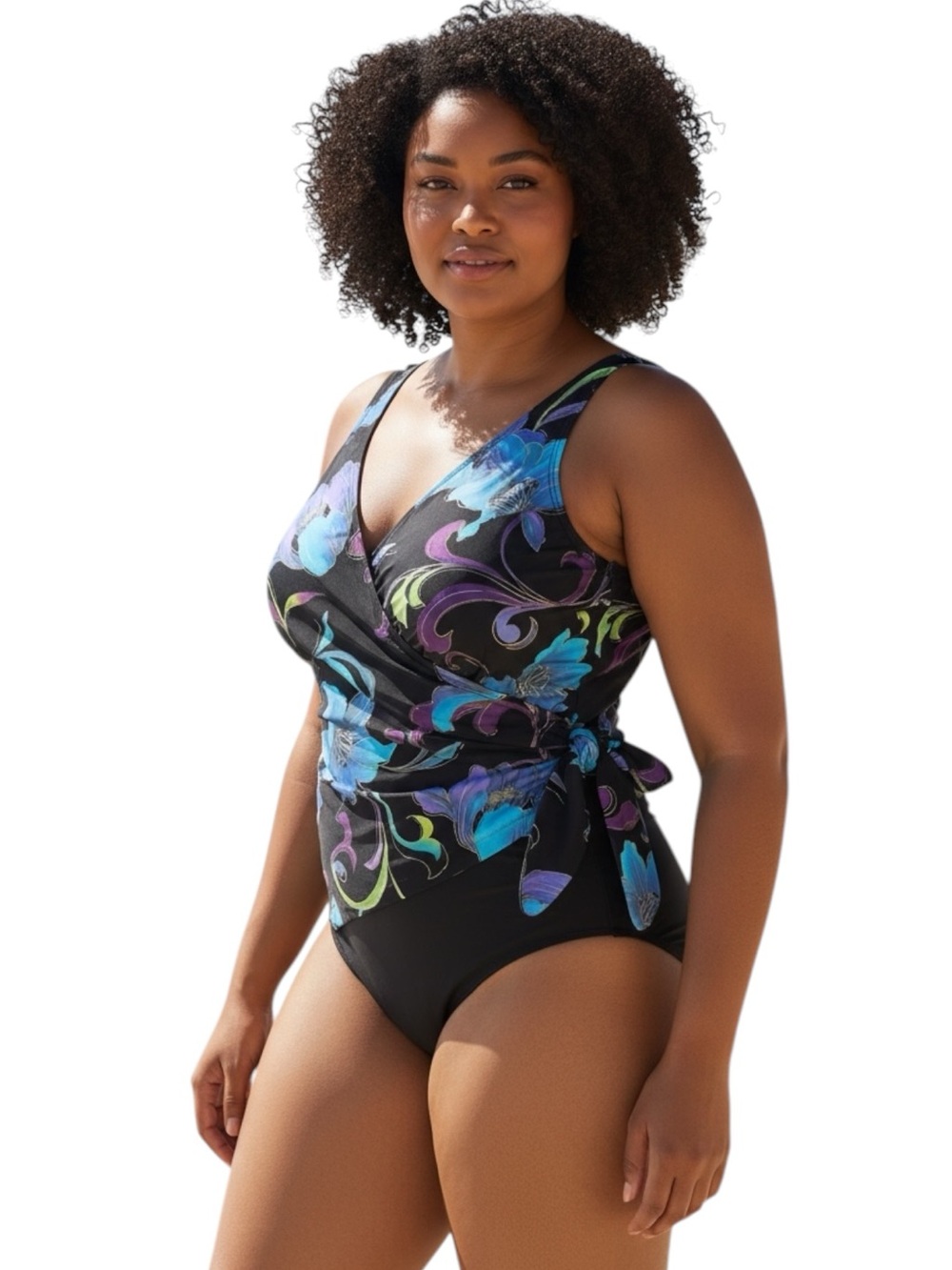 Black Floral One Piece Swimsuit Blue Purple Wrap Tie Waist V Neck Swimwear Sz 16